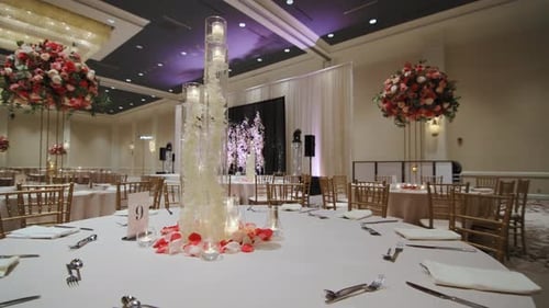 A Large Hall for Celebrations Interior of a Wedding Hall Wedding Decoration Elements Table
