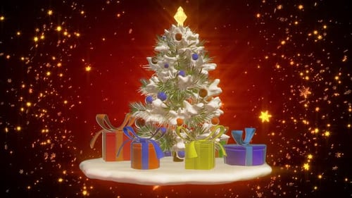 Animated Christmas Tree with Presents and Falling Snowflakes