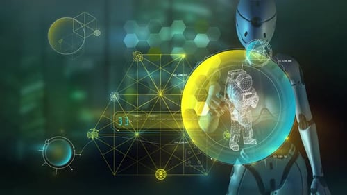 AI Robot Interacting with Futuristic Holographic Interface