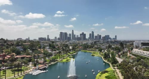 Aerial View of Los Angeles Downtown Fly Drone Echo Park Los Angeles USA June 1 2022