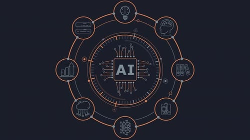 AI Processor Within a Circle of Information Technology Symbols