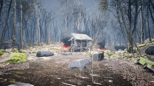 Abandoned Cars with Burning Cabin in Forest
