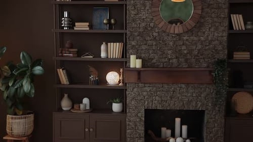 Brown Bookshelf with Books and Decor Near the Brick Fireplace with Candles and Mirror in a Modern