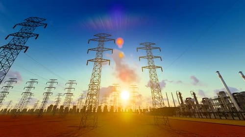 Electricity Tower And Substation At Sun, Timelapse