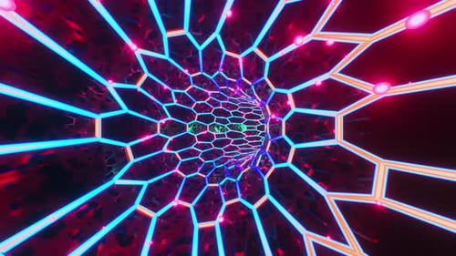 Circular tunnel with hexagonal grid and pink dots. Looped animation
