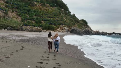 Friends Happy Relax Have Fun Run Beach Near Sea When Sunset