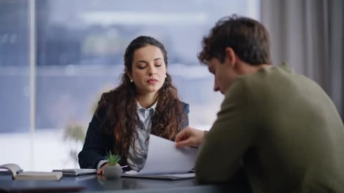 Professional Consultant Talking Client Discussing at Panoramic Office Closeup