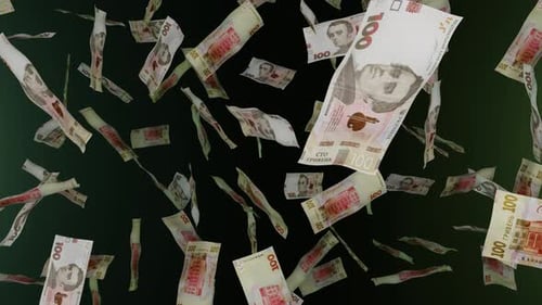 Many wads of money falling down. 100 Ukrainian hryvnia banknotes. Money rain.