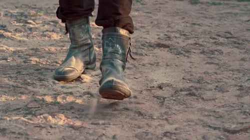 Male Dirty Shoes Going Sand Road. Man Legs Walking Road Sand. Shoes