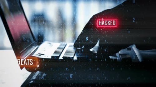 Hands Hacking Laptop with Binary Code on Blurry Background. Malware and Phishing