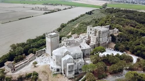 Aerial views of the fortified castle Montmajour Abbey in the Provence, France, Europe.