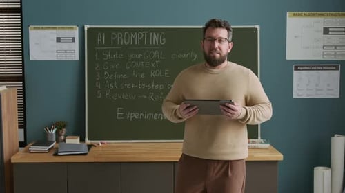 Portrait of Smiling Male Coding Teacher during Artificial Intelligence Lesson