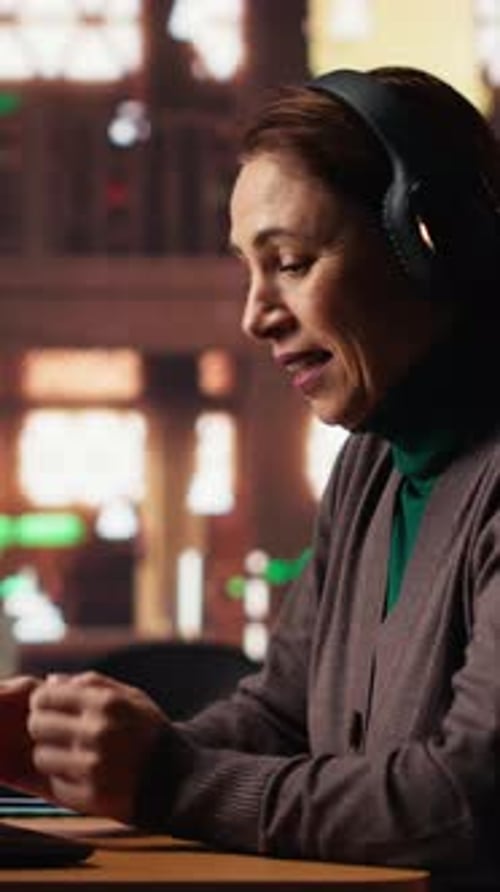 Vertical Video Older Woman College Student Interacting with Professor at Webinar