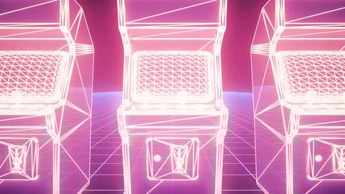 Neon colored video game arcade machines are lined up in a row