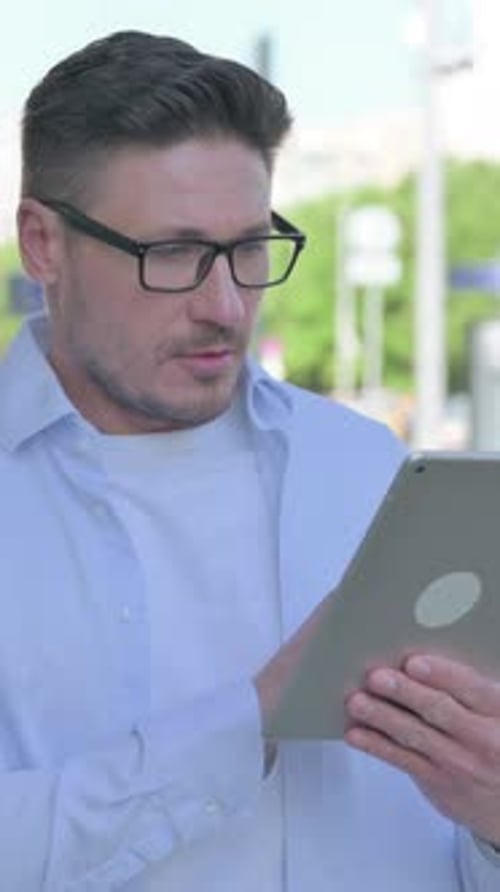 Man Uses Tablet in Urban Setting