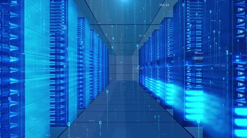 Digital Data Flow in a Futuristic Blue Server Room