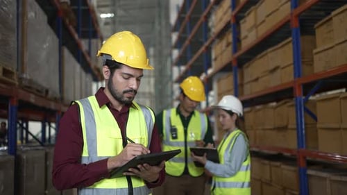 Blue collar workers are working at warehouse.