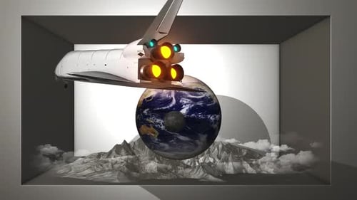 Space Shuttle and Earth Animated Scene in a 3D Box