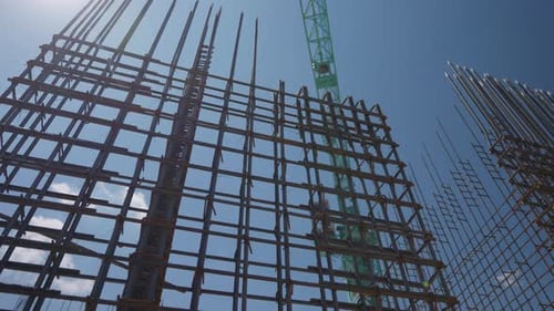 Reinforcement Steel Cage with Tower Crane at Construction Site