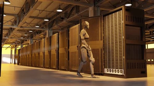 Humanoid robot standing in data center and yellow lights with server racks and industrial ceiling. A