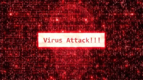 Alerta de ataque de vírus de computador em fundo vermelho de hackers com matriz binária animada HD