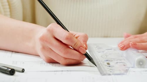 Architect Designer Drawing Plan Blueprint Closeup