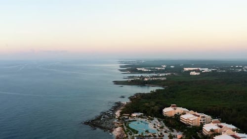 Beautiful aerial drone bird's eye view of the stunning playa del carmen beach coastline with various