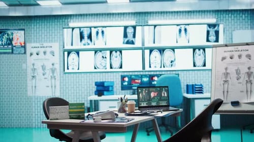 Empty Doctor Office Featuring Modern Medical Equipment and Drugs