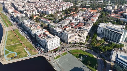 4K Drone Footage of Coastal Urban Buildings and Seaside Cityscape in Izmir, Turkey