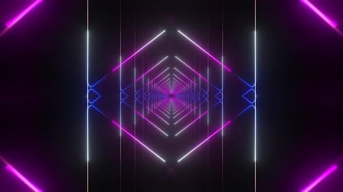 Dynamischer Neontunnel mit lebendigen geometrischen Mustern, die vorwärts pulsieren