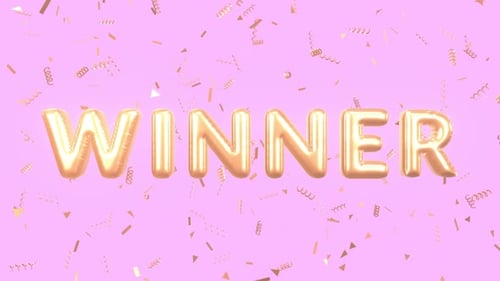 Animated Golden Winner Sign Letters With Confetti Isolated On A Pink Background.