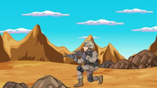 Cartoon Soldier Firing Rifle in Desert Animation