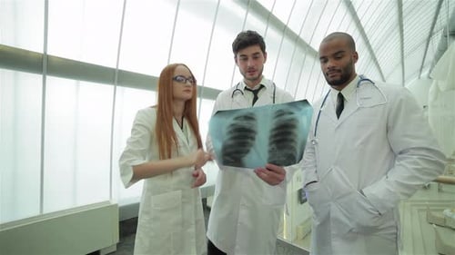 Two Confident Doctor Examining Xray Snapshot of Lungs in Clinic Until the Stand