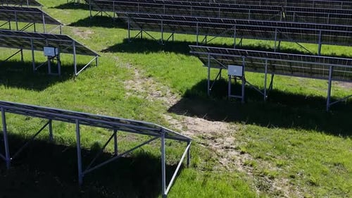 Solar panel field captured from above on a sunny day