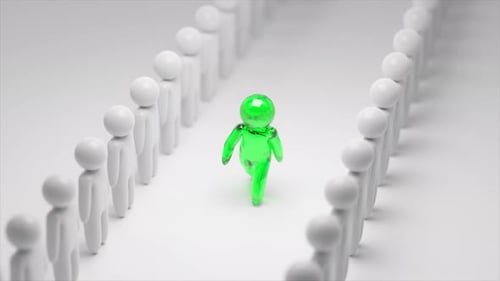 Green Figure Confidently Walking Past Rows of White Figures Signifying Leadership and Progression