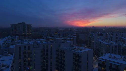 Sunset Over Buildings In Warsaw, Poland - Panning Shot