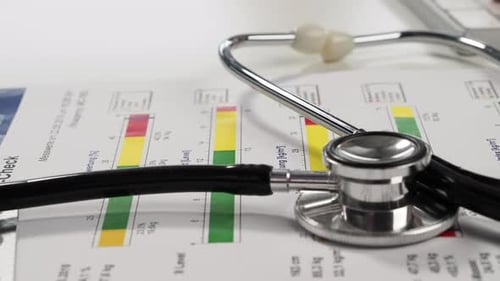 The doctor sits at the hospital table and works on his computer with a stethoscope.