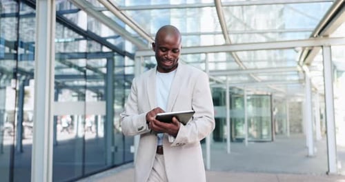Black man, tablet and commute to work, city and typing online, digital and technology