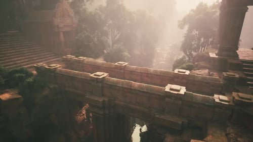 Ancient Stone Bridge Nestled in a Misty Forest at Sunrise