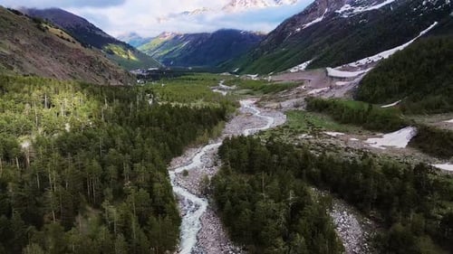 Fly High Above the Caucasus Mountains and Green Valley Below