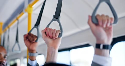 People, hands and rail with handle on bus for public safety, transport or security on vehicle