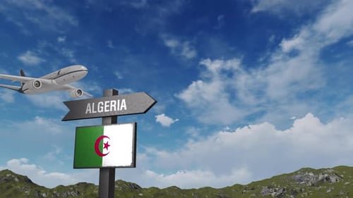 Algeria Flag With Airplane And Arrow Sign