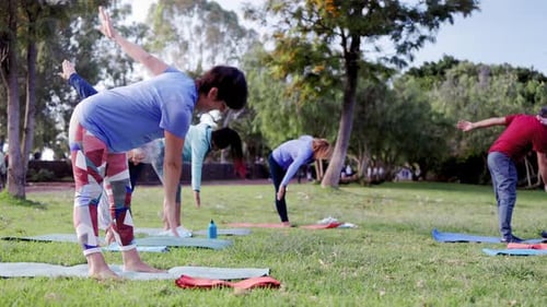 Senior sport people exercising during yoga workout class outdoor at park city. Fitness Elderly