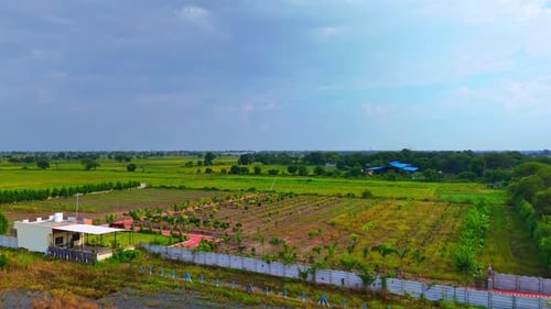 The beautiful lush greenery of expansive agricultural farms surrounds a quaint small hut nestled amo