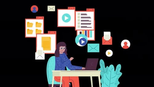 woman at work analyzing files, woman in office reviewing multimedia files animation 4k on alpha