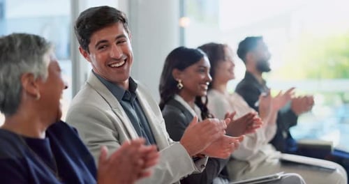 Applause, celebration and business people in office for seminar for company achievement or victory