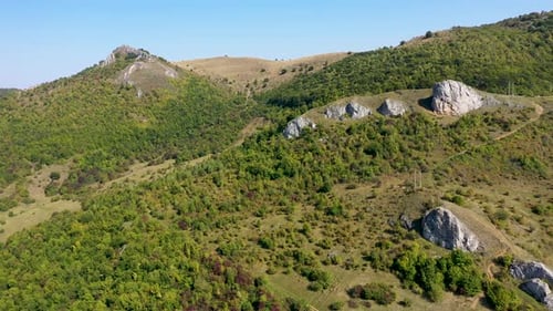 Aerial view of rocky mountain slope covered with forest by drone
