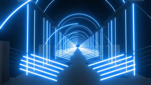 Futuristic blue neon tunnel perspective with glowing lights and arches