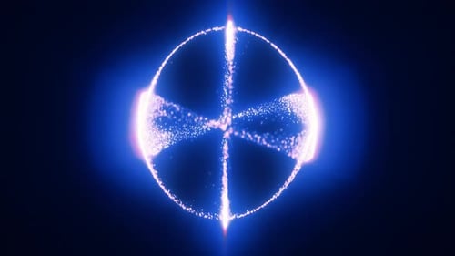 Glühende blaue Energiekugel aus Lichtpartikeln, die symmetrische rotierende Spuren bilden