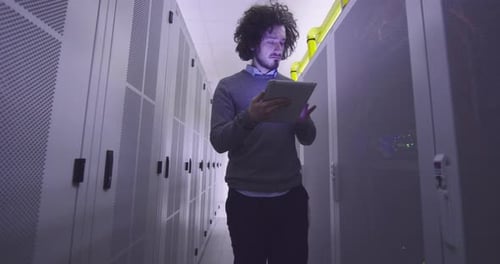 Man Inspecting Servers With Tablet in Data Center